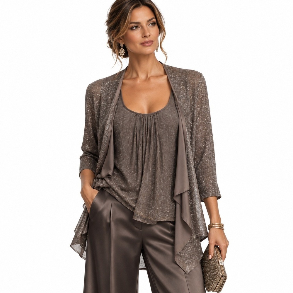 Crea Concept 2pc Silk Tank Cardigan Set 40/M Brown Metallic Avant Garde MSRP$320